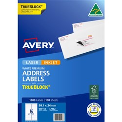 Avery Trueblock Address Labels Laser L7162 99.1 x 34mm 16UP 1600 Labels