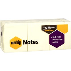 Marbig Repositionable Notes 40 x 50mm Yellow 100 Sheet Pad Pack Of 12