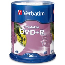 Verbatim Recordable DVD+R 120Min 4.7GB 16X Printable Inkjet Pack Of 100 White