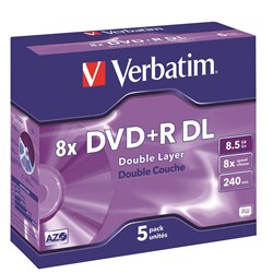 Verbatim Recordable DVD+R 240Min 8.5GB 8X Double Layer Jewel Case Pack Of 5