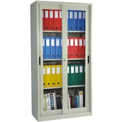 Steelco Sliding Glass Door Cupboard 3 Shelves 1500W x 465D x 1830mmH White Satin