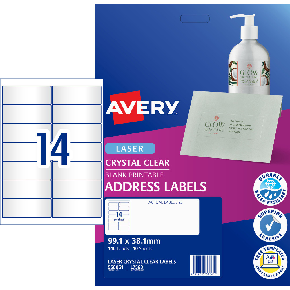 Avery Crystal Clear Laser Address Labels 99.1x38.1mm 14UP 140 Labels 10 Sheets