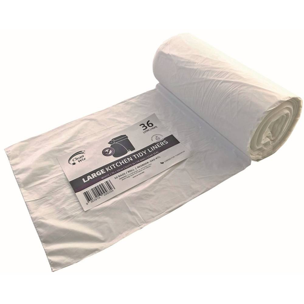 Clean Wiz Oxo-Biodegradable Kitchen Tidy Liners 36L White Pack of 50