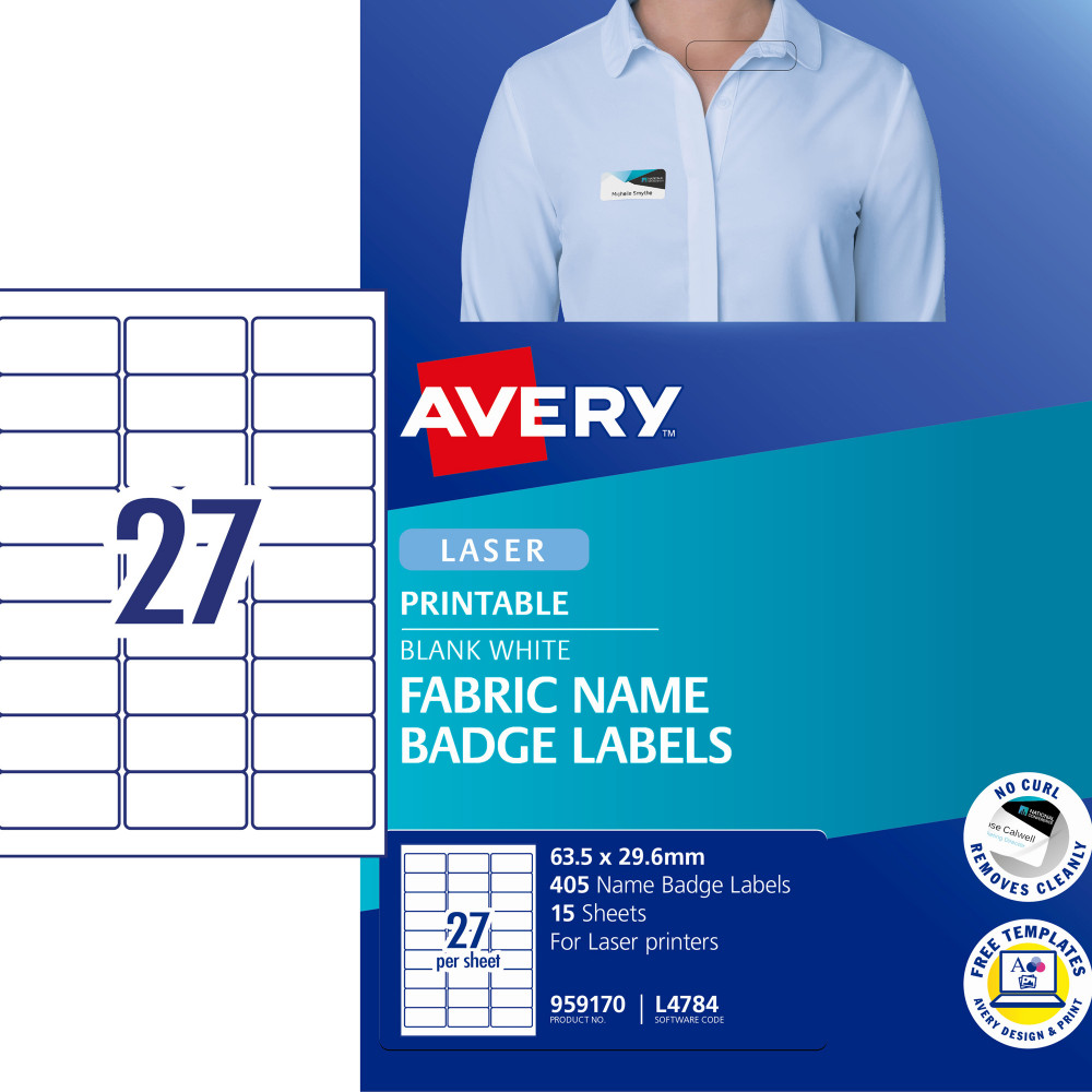 Avery Fabric Name Badge Laser Labels White L4784 63.5x29.6mm 27UP 405 Labels 15 Sheets