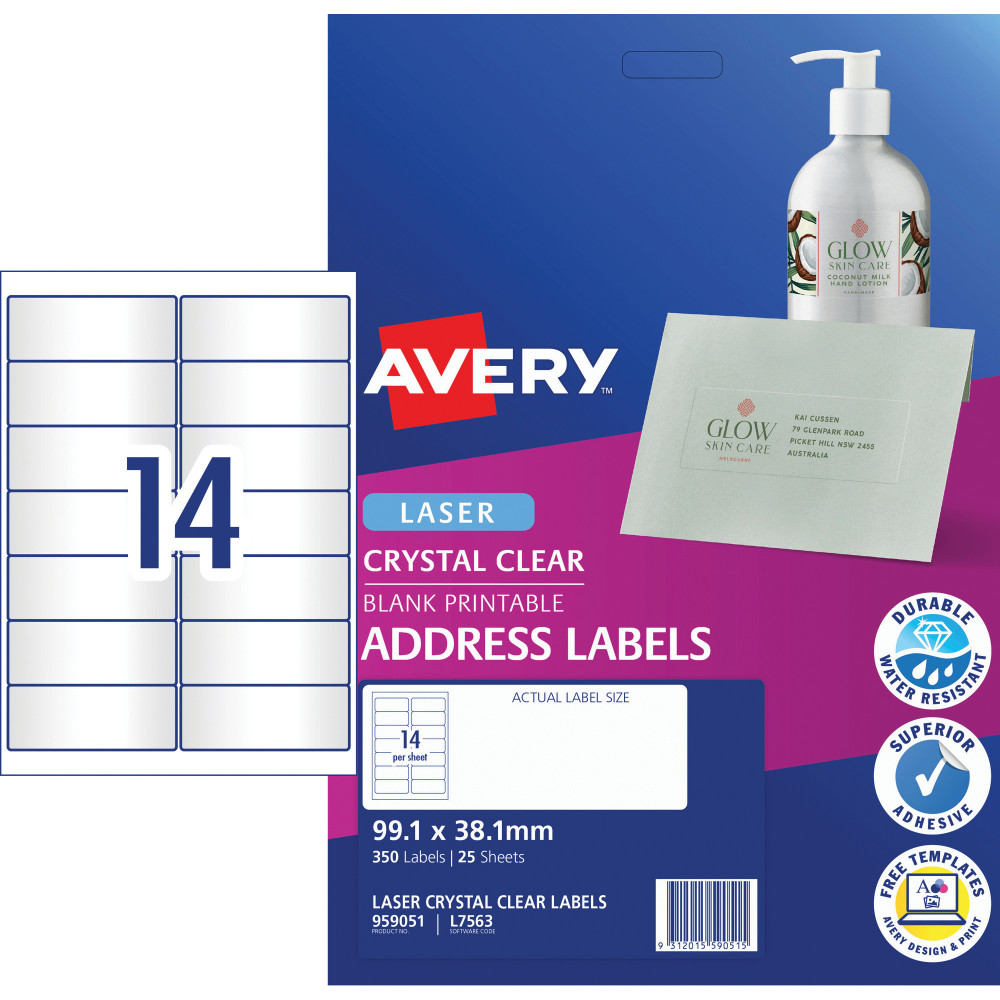 Avery Crystal Clear Laser Address Labels White L7563 99.1x38.1mm 14UP 350 Labels
