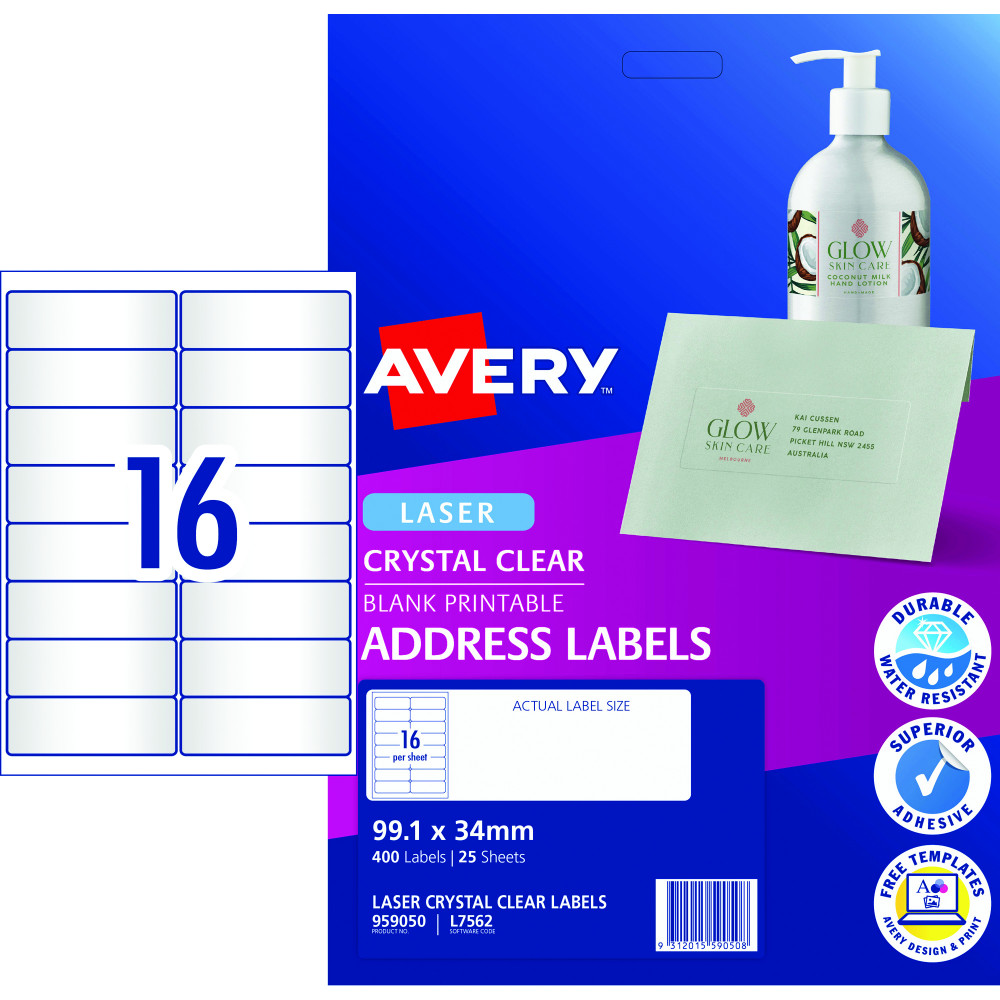 Avery Crystal Clear Laser Address Labels White L7562 99.1x34mm 16UP 400 Labels