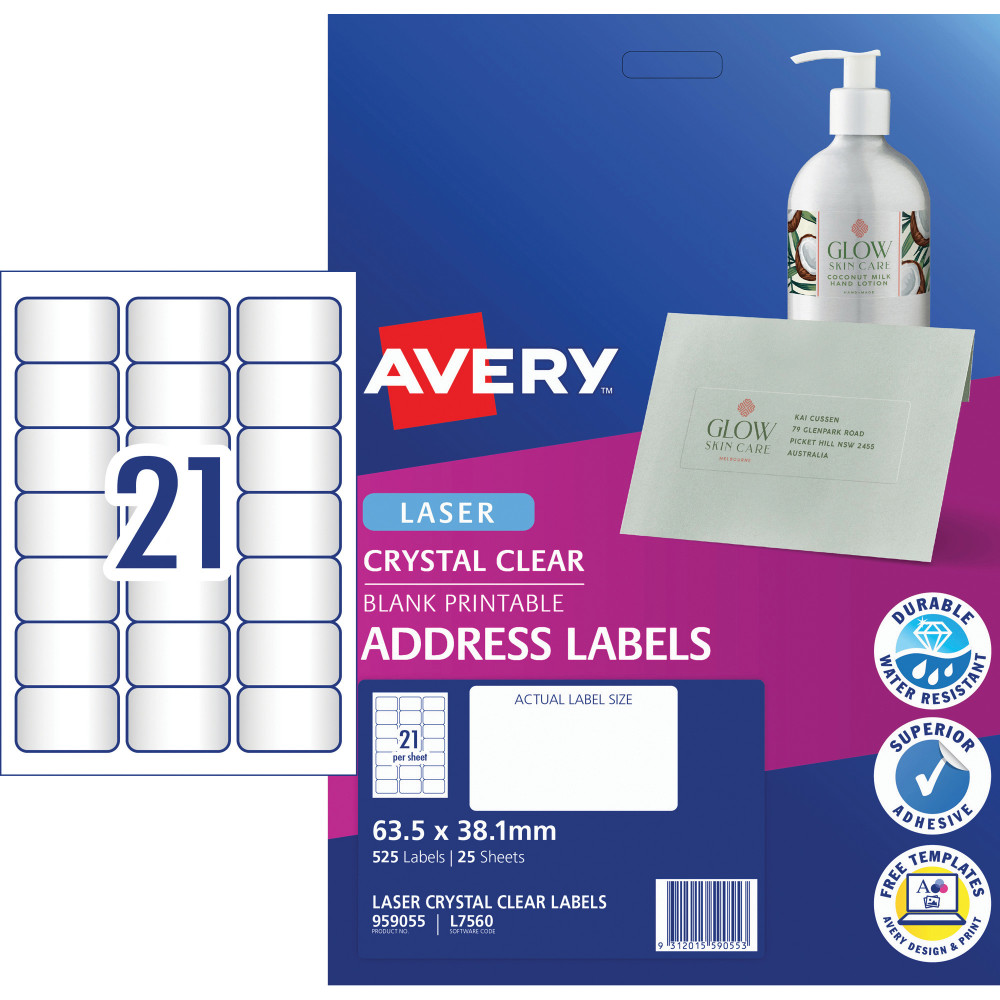 Avery Crystal Clear Laser Address Labels White L7560 63.5x38.1mm 21UP 525 Labels