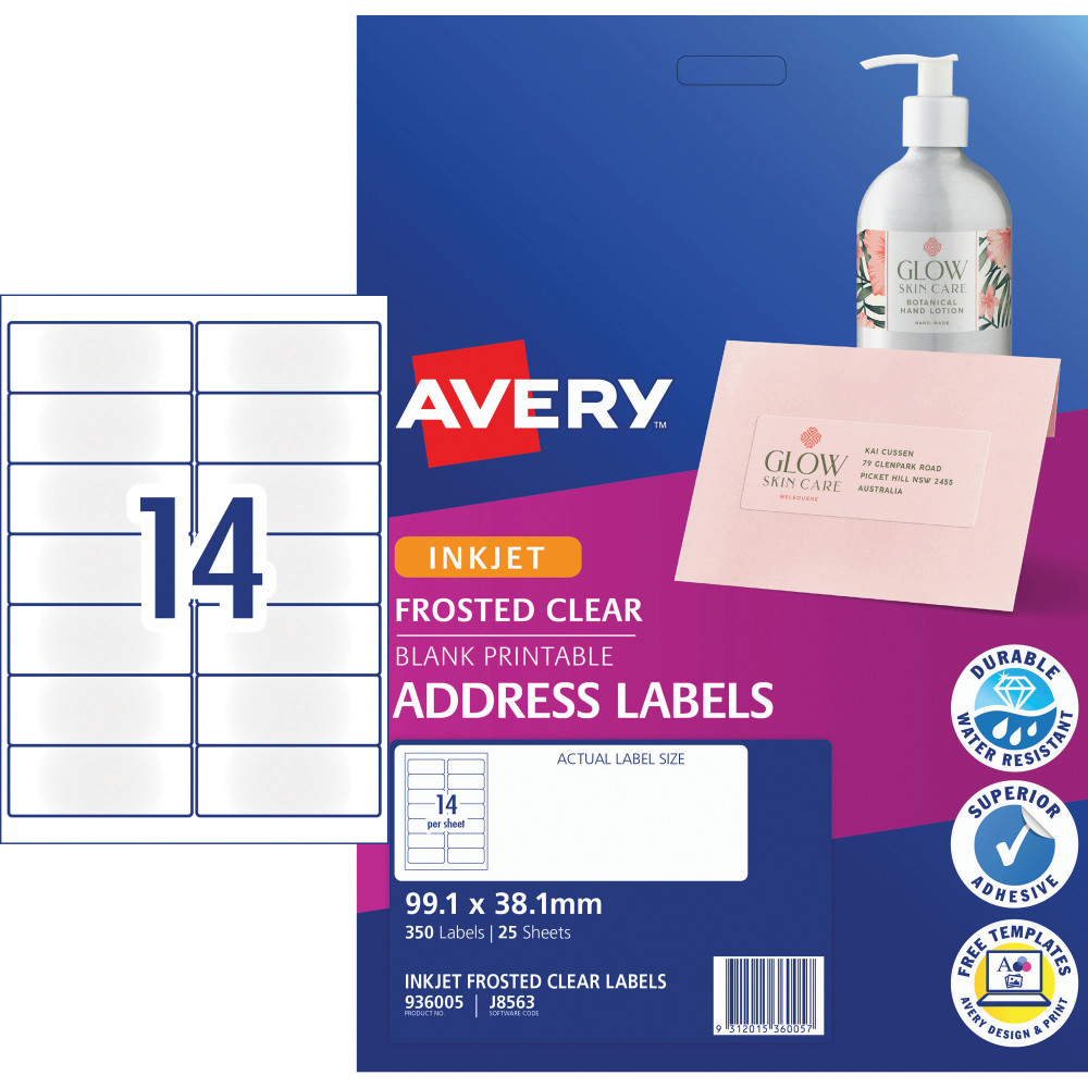 Avery Frosted Clear Inkjet Address Labels J8563 99.1x38.1mm 14UP 350 Labels