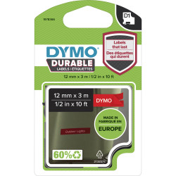 DYMO D1 Durable Industrial Tape Labels 12mm x 3m White On Red