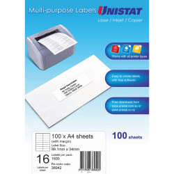 Unistat Laser Copier & Inkjet Labels 99x38mm with Margin 16 UP 1600 Labels 100 Sheets