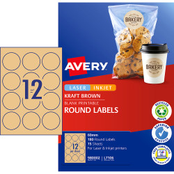 Avery Blank Printable Labels L7106 60mm Round Kraft Brown 18UP 180 Labels 15 Sheets