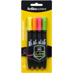 Artline Supreme Glow Permanent Markers Bullet 1mm Assorted Colours Pack Of 4