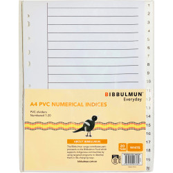 Bibbulmun PVC Divider A4 1-20 Tab Numbered White