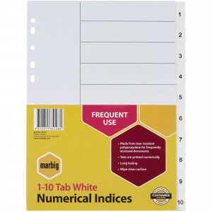 Marbig Plastic Indices & Dividers A4 Indices 1-10 White