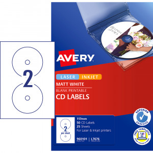 Avery CD Laser & Inkjet Labels White L7676 1117mm 2UP 50 Labels
