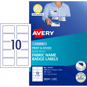 Avery Fabric Name Badge Laser Labels White L7427 88x52mm 10UP 150 Labels 15 Sheets
