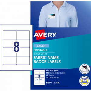 Avery Fabric Name Badge Labels L7418 Laser 86.5x55.5mm 8UP 120 Labels, 15 Sheets