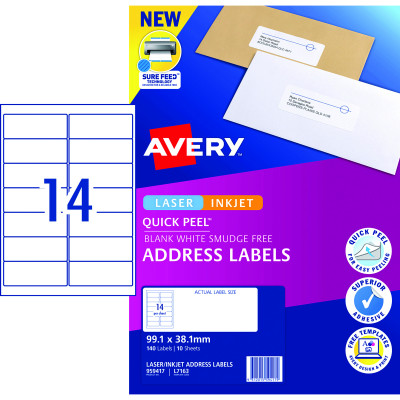 Avery Quick Peel Address Laser & Inkjet Label White L7163 99.1 x 38mm 14UP 140 Labels