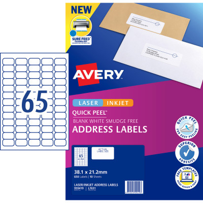Avery Quick Peel Address Laser & Inkjet Label White L7651  38.1 x 21mm 140 Labels