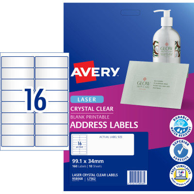 Avery Crystal Clear Laser Address Label 99.1x34mm 16UP 160 Labels 10 Sheets