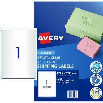Avery Crystal Clear Laser Address Label 199.6x289.1mm 1UP 10 Labels 10 Sheets