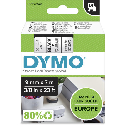 Dymo D1 Label Cassette Tape 9mmx7m Black on Clear