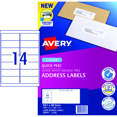 Avery Quick Peel Address Laser White L7163 99.1x38.1mm  14UP 1400 Labels 100 Sheets