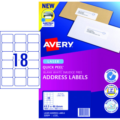 Avery Quick Peel Address Laser White L7161 63.5 x 46.6mm 18UP 1800 Labels 100 Sheets