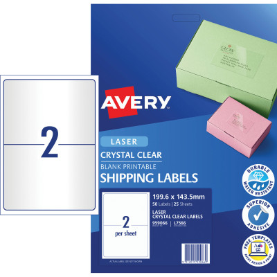 Avery Crystal Clear Laser  Address L7566 199.6x143.5mm 2UP 50 Labels 25 Sheets