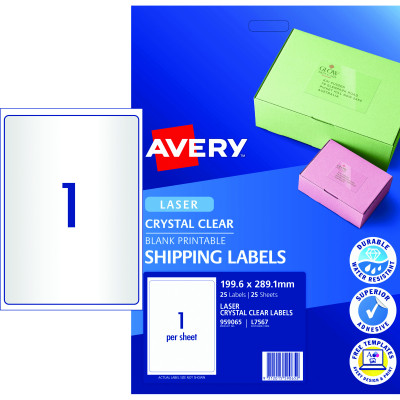 Avery Crystal Clear Laser Address Labels L7567  199.6x289.1mm 1UP 25 Labels