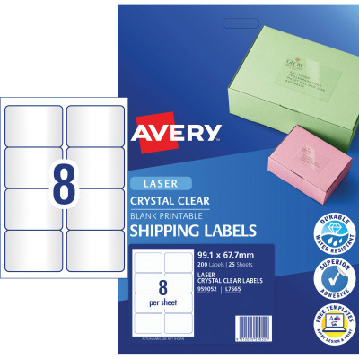 Avery Crystal Clear Laser Address Label L7565 99.1x67.7 mm 8UP 200 Labels