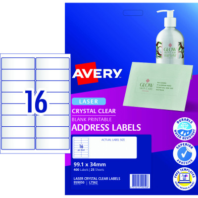 Avery Crystal Clear Laser Address Label L7562 99.1x34mm 16UP 400 Labels