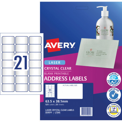 Avery Crystal Clear Laser Address Label L7560 63.5x38.1mm 21UP 525 Labels