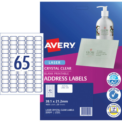 Avery Crystal Clear Laser Address Label L7551 38.1x21.2mm 65UP 1625 Labels