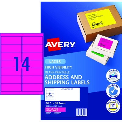 Avery High Visibility Shipping Laser Labels Pink L7163FP 99.1x38.1mm 14UP 350 Labels