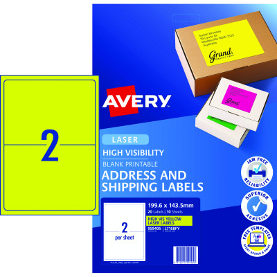 Avery High Visibility Shipping Laser Labels Yellow L7168FY 199.6x143.5mm 2UP 20 Labels