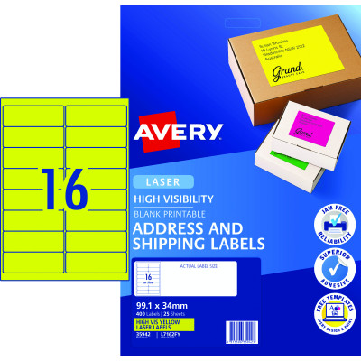 Avery High Visibility Shipping Laser Labels L7162FY 99.1x34mm Fluoro Yellow Pack of 25 (400