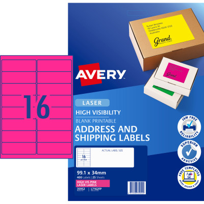 Avery High Visibility Shipping Laser Label Fluro Pink L7162FP 99.1x34mm 16UP 400 Label