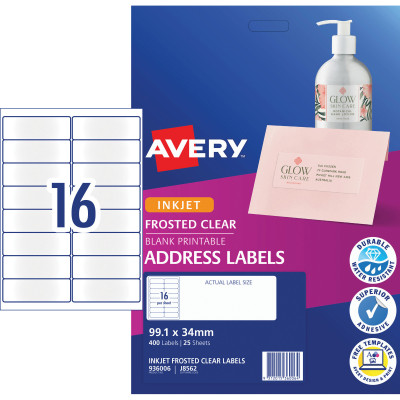 Avery Quick Peel Address Laser Inkjet Labels J8562 99.1x24mm Frosted Clear Pack of 25 (400)