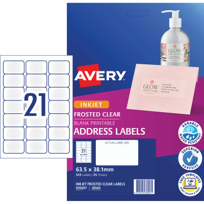 Avery Frosted Clear Inkjet Address Labels J8560 63.5x38.1mm 21UP 525 Labels